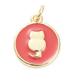 Brass Enamel Pendants, Long-Lasting Plated, Real 18K Gold Plated, Flat Round with Cat, Red, 15.5x12.5x2mm, Hole: 3mm(ZIRC-J041-02D)
