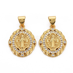 Brass Micro Pave Cubic Zirconia Pendants, Nickel Free, Oval with Virgin, Real 16K Gold Plated, 19x15x2.5mm, Hole: 3x5mm(KK-Q252-053-NF)