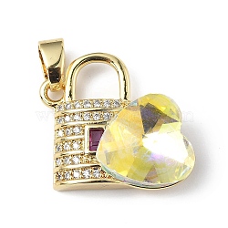 Real 18K Gold Plated Rack Plating Brass Micro Pave Clear Cubic Zirconia Pendants, with Glass, Long-Lasting Plated, Cadmium Free & Lead Free, Lock with Heart Charm, Yellow, 23x19x8mm, Hole: 5x3.2mm(KK-C015-17G-08)