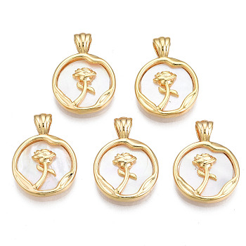 Brass Pendants, with Creamy White Shell, Cadmium Free & Nickel Free & Lead Free, Flat Round with Rose Flower, for Valentine Day, Real 18K Gold Plated, 17x12.5x4mm, Hole: 2x3mm
