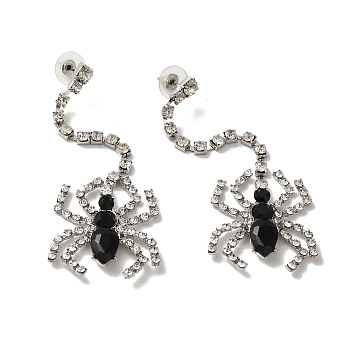 Halloween Alloy Tassels Studs Earrings, with Rhinstone, Jewely for Women, Spider, Platinum, 102x29mm