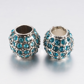 Alloy Rhinestone European Beads, Large Hole Beads, Rondelle, Platinum, Light Blue, 10.5x9.5mm, Hole: 5mm