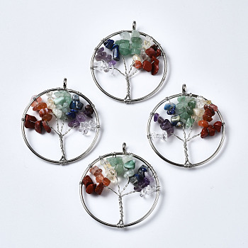 Tree of Life Mixed Stone Bead Brass Wire Wrapped Big Pendants, Platinum, 56.5~60x50~52x5~10mm, Hole: 6mm