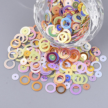 Ornament Accessories, PVC Plastic Paillette/Sequins Beads, Flat Round & Round Ring, Mixed Color, 4~6.5x0.4mm, Hole: 1mm and 4mm 