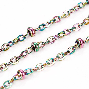 Ion Plating(IP) 304 Stainless Steel Cable Chains, with Beads and Spool, Soldered, Satellite Chain, Rainbow Color, 1.5x1.5x1mm, about 32.8 Feet(10m)/roll