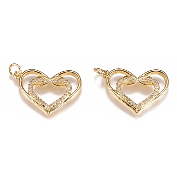 Brass Micro Pave Clear Cubic Zirconia Pendants, Long-Lasting Plated, With Jump Rings, Heart in Heart with Infinity Sign, Golden, 17.5x23.7x2.5mm, Hole: 3mm, jump ring: 5x1mm, 3mm inner diameter.