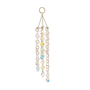 Electroplated Octagon Glass Beaded Pendant Decoration, with 304 Stainless Steel Cable Chains and Glass Teardrop Charm, for Home Decoration, Golden, 235x41mm