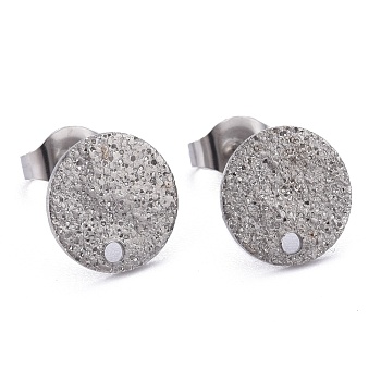 304 Stainless Steel Stud Earring Findings, with Ear Nuts/Earring Backs & Loop, Textured, Flat Round, Stainless Steel Color, 10x1mm, Hole: 1.4mm, Pin: 0.8mm