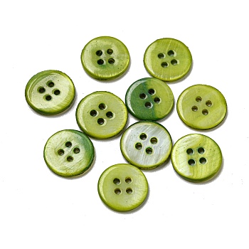 Freshwater Shell Buttons, 4-Hole, Flat Round, Yellow Green, 14x1.7~2.2mm, Hole: 1.6mm
