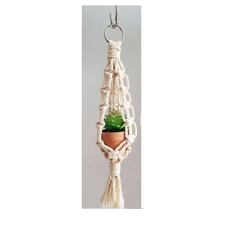 Macrame Cotton Pendant Decorations, Boho Style Hanging Planter Baskets for Interior Car View Mirror Hanging Ornament, Floral White, 300x40mm