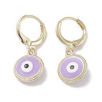 Real 18K Gold Plated Brass Dangle Leverback Earrings, with Enamel, Evil Eye, Lilac, 26.5x11mm