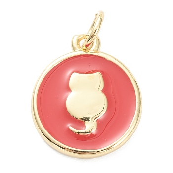 Brass Enamel Pendants, Long-Lasting Plated, Real 18K Gold Plated, Flat Round with Cat, Red, 15.5x12.5x2mm, Hole: 3mm