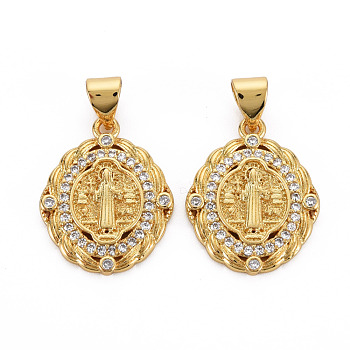 Brass Micro Pave Cubic Zirconia Pendants, Nickel Free, Oval with Virgin, Real 16K Gold Plated, 19x15x2.5mm, Hole: 3x5mm