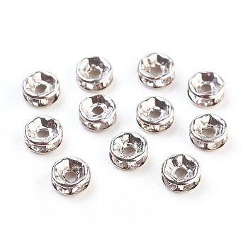 Brass Rhinestone Spacer Beads, Grade A, Straight Flange, Platinum Metal Color, Rondelle, Crystal, 6x3mm, Hole: 1mm