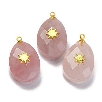 Natural Rose Quartz Pendants, Faceted Egg Shaped Charms with Rack Plating Golden Plated Brass Slices, Lead Free & Cadmium Free, 21x12.5x8mm, Hole: 1.5mm