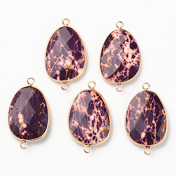 Natural Dyed Regalite/Imperial Jasper/Sea Sediment Jasper Links, with Light Gold Plated Edge Brass Loops, Faceted, Oval, Purple, 39x23x7mm, Hole: 2mm