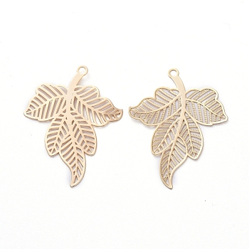 Brass Pendants, Etched Metal Embellishments, Leaf, Real 18K Gold Plated, 31x24.2x0.2mm, Hole: 1.5mm