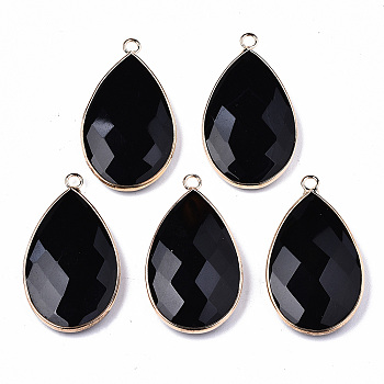 Natural Agate Pendants, with Light Gold Tone Brass Edge and Loops, Dyed, Faceted, Teardrop, Black, 37x21x5~6mm, Hole: 2.5mm