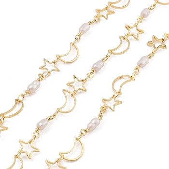 Brass Hollow Moon & Star Link Chains, with ABS Plastic Pearl Beaded, Unwelded, with Spool, Real 18K Gold Plated, 12.5x6x0.5mm, 12x7.5x0.5mm, 13x3~4mm