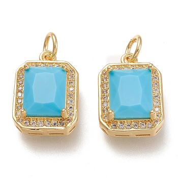 Brass Glass Charms, with Micro Pave Clear Cubic Zirconia and Jump Ring, Rectangle, Real 18K Gold Plated, Deep Sky Blue, 14.5x10.5x5mm, Hole: 3.4mm