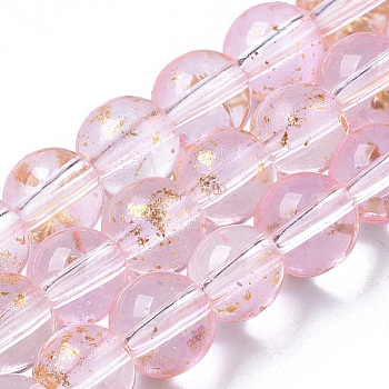 Transparent Spray Painted Glass Bead Strands, with Golden Foil, Round, Pink, 6~7mm, Hole: 1.2~1.5mm, about 65~67pcs/Strand, 14.76 inch~15.12 inch(37.5~38.4cm)
