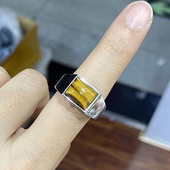 Rectangle Natural Tiger Eye Finger Ring, Stainless Steel Jewelry, Stainless Steel Color, Inner Diameter: 19mm