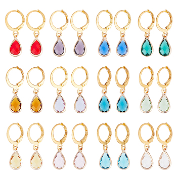12 Pairs 12 Colors Glass Teardrop Leverback Earrings, Golden Brass Jewelry for Women, Mixed Color, 27mm, Pin: 0.6mm, 1 Pair/color