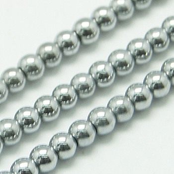 Non-magnetic Synthetic Hematite Beads Strands, Round, Platinum Plated, 4mm, Hole: 1mm, about 100pcs/strand, 15.7 inch