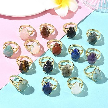 Brass Cuff Open Rings, with Natural & Synthetic Gemstone, Teardrop, Faceted, Rack Plating, Long-Lasting Plated, Golden, 18mm