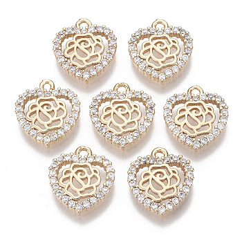 Valentine's Day Brass Micro Pave Cubic Zirconia Pendants, Heart with Rose, Light Gold, Clear, 15.5x13.5x3mm, Hole: 1.5mm