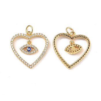 Brass Micro Pave Clear Cubic Zirconia Pendants, with Enamel and Jump Ring, Heart with Evil Eye Charm, Real 18K Gold Plated, 19.5x19x2.4mm, Hole: 3.5mm