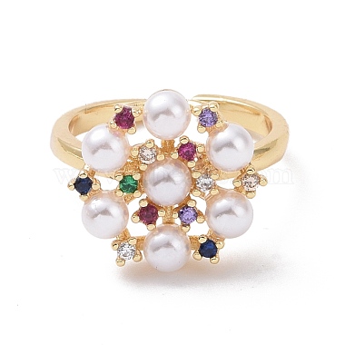 Colorful Cubic Zirconia Flower Open Ring with Acrylic Pearl Beaded(RJEW-P032-18G)-2