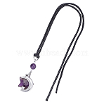 Natural Amethyst Star & 304 Stainless Steel Moon Car Hanging Pendant Decorations, with Waxed Cotton Cords, Antique Silver, 290mm(HJEW-DR00328)