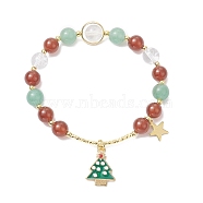 Natural Mixed Gemtone Beaded Stretch Bracelets with Alloy Enamel Christmas Tree Charms, Colorful, Inner Diameter: 2-1/4 inch(5.8cm)(BJEW-TA00267)