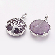 Natural Amethyst Pendants, with Brass Findings, Platinum, Flat Round with Tree, 31x27x6.5~7mm, Hole: 5x8mm(X-G-E388-09P)
