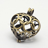 Hollow Heart Brass Cage Pendants, For Chime Ball Pendant Necklaces Making, Lead Free & Cadmium Free, Antique Bronze, 29x24x17mm, Hole: 4x2mm, Inner: 17x21mm(KK-N0093-07AB-RS)