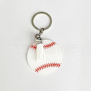 Alloy Keychains, with Acrylic Baseball and PU Leather Tassel, White, 13cm(KEYC-WH0003-11A)