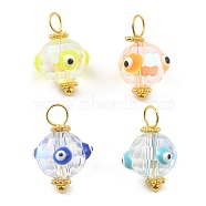 Glass Pendants, with Brass Findings and Enamel, Round with Evil Eye Charm, Mixed Color, 17x11x11mm, Hole: 3mm, 4pcs/set(PALLOY-JF02211-S)