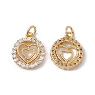 Brass Micro Pave Clear Cubic Zirconia Pendants, with Jump Ring, Cadmium Free & Nickel Free & Lead Free, Rack Plating, Flat Round with Heart PatternE, Real 18K Gold Plated, 16x13.5x2.5mm, Hole: 3mm(KK-G439-21G)