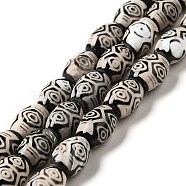 Tibetan Style dZi Beads Strands, Natural & Dyed Agate Beads, Rice, Black, 6-Eye, 13~14x9.5~10mm, Hole: 1.4mm, about 25pcs/strand, 13.58 inch(34.5cm)(G-F726-A03)