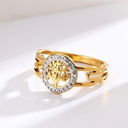 Stainless steel Rhinestone Hollow Ring, Flat Round, Golden, US Size 7(17.3mm)(PW-WG52D5D-08)