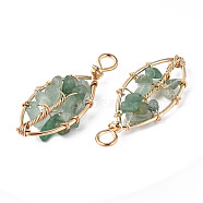 Natural Green Aventurine Pendants, Golden Tone Brass Wire Wrapped, Tree, Oval, 40.5~44x17.5~19x6~7.5mm, Hole: 4mm(G-T131-98B-04)