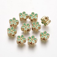 Brass Enamel Beads, Long-Lasting Plated, Flower, Real 18K Gold Plated, Light Green, 7x3.3mm, Hole: 1.6mm(KK-L179-05A)