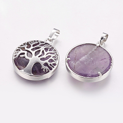 Natural Amethyst Pendants, with Brass Findings, Platinum, Flat Round with Tree, 31x27x6.5~7mm, Hole: 5x8mm(X-G-E388-09P)