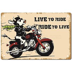 Tinplate Sign Poster, Horizontal, for Home Wall Decoration, Rectangle with Word Live to Ride Ride to Life, Cow Pattern, 200x300x2.2mm(AJEW-WH0157-439)