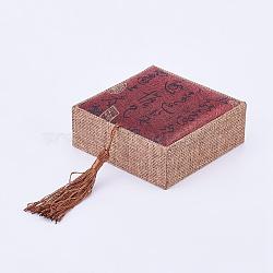Wooden Bracelet Boxes, with Linen and Nylon Cord Tassel, Rectangle, FireBrick, 10x10x3.7cm(OBOX-K001-02C)