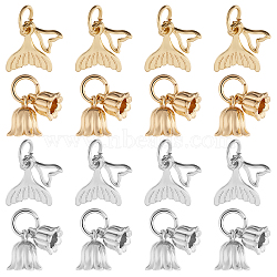 16Pcs 4 Styles Rack Plating Brass Pendants, Long-Lasting Plated, with Jump Ring, Fishtail & Flower Charms, Mixed Color, 12.5~15mm, 4pcs/tyle(KK-CA0002-55)