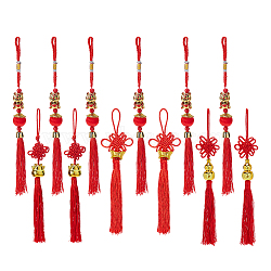 SUPERFINDINGS 12Pcs 4 Styles Polyester Tassel Pendant Decorations, with Plastic Beads, for New Year, Chinese Knot, Red, 235~335mm(HJEW-FH0001-12)