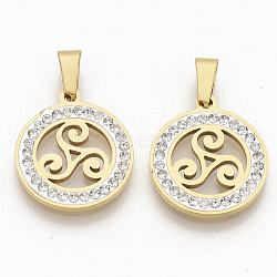 201 Stainless Steel Pendants, with Random Size Snap On Bails and Polymer Clay Crystal Rhinestones, Flat Round with Triskele/Triskelion, Golden, 23x20x2.5mm, Hole: 8~10x3~5mm(STAS-N089-39G)