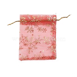 Golden Snowflake Printed Organza Packing Bags, for Festival Christmas Day, Rectangle, Red, 12x10cm(OP030Y-10x12)